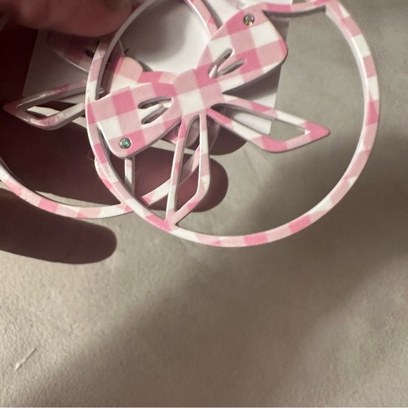 Betsy Johnson Pink & White Gingham Bow Delicate Rhinestones Hoop Earring NWT - Picture 5 of 10